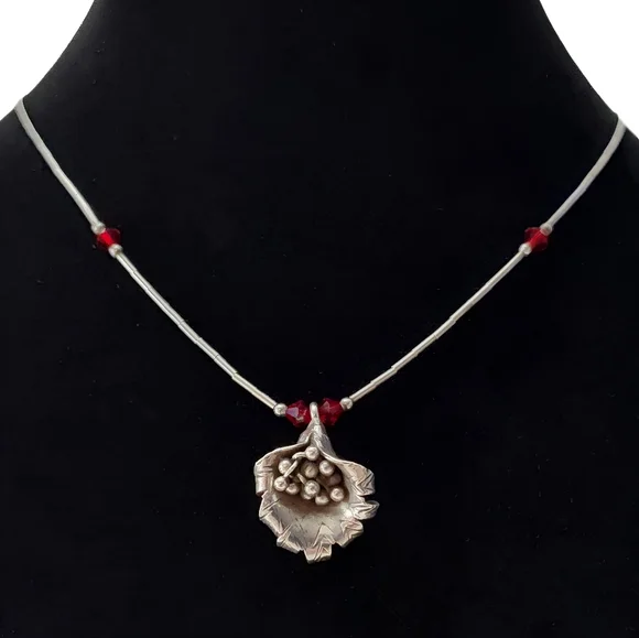 Southwestern Sterling Squash Blossom Liquid Silver Red Crystal Bead Necklace 16" - Picture 3 of 14
